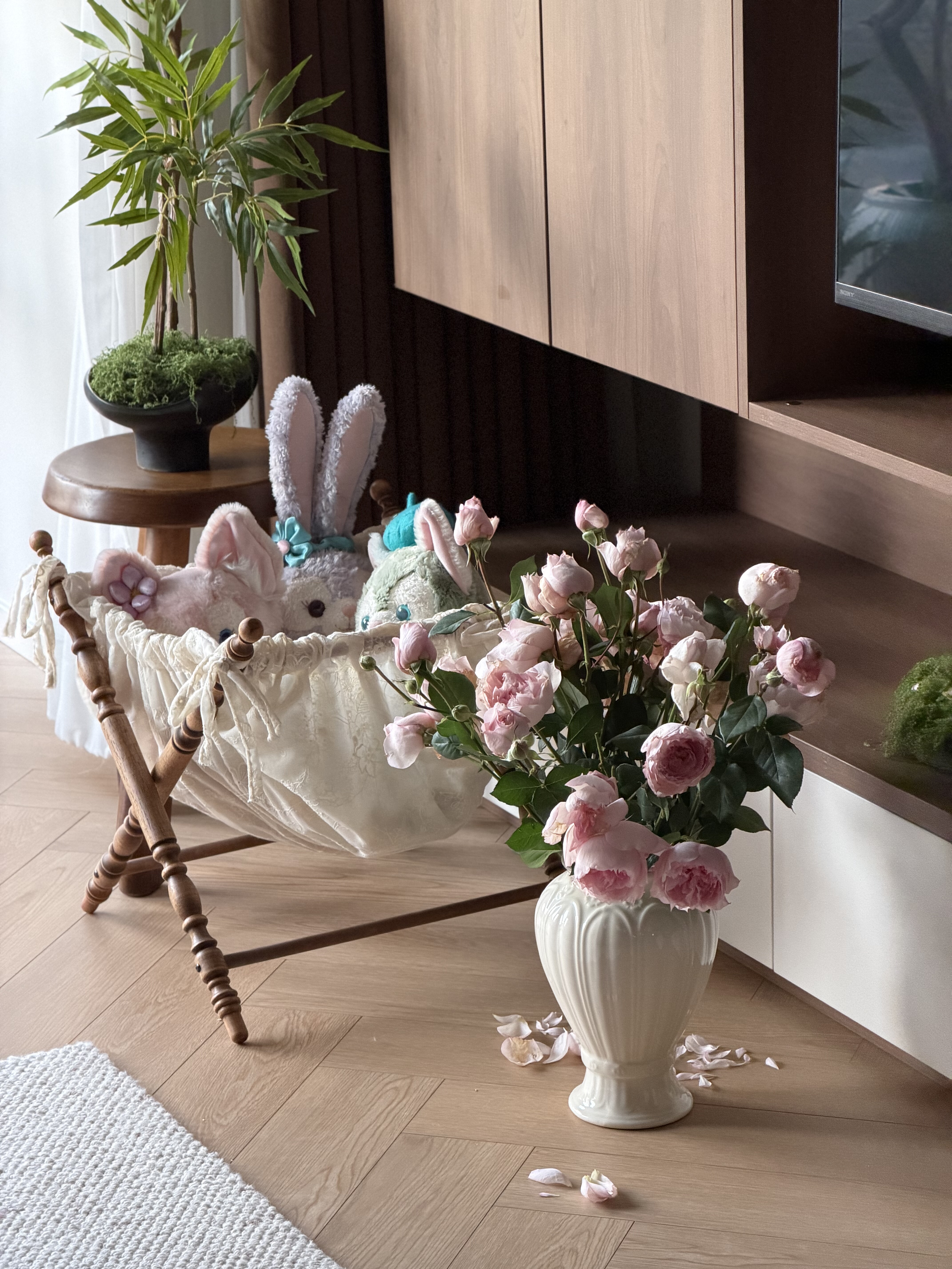 wooden storage basket for pet toys in a customer's home - Vintage French Fabric Pet Storage Hamper